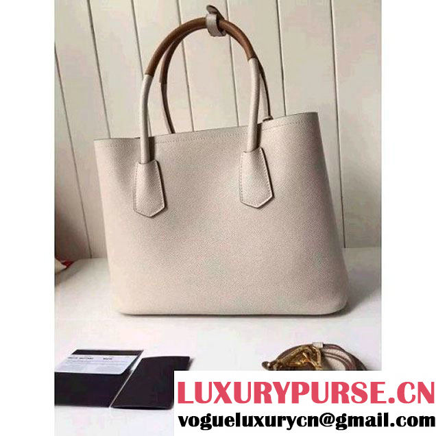 Prada Saffiano Leather Double Bag with Two-tone Handle Milky White/Caramel 2016 (2A016-6051901 )