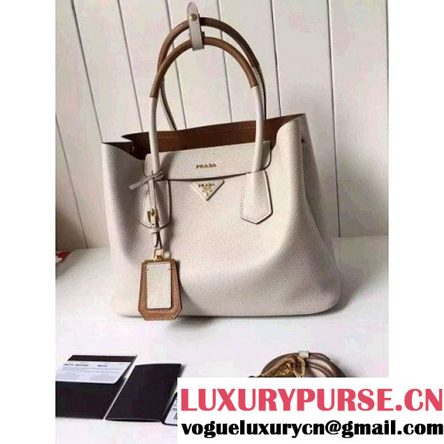 Prada Saffiano Leather Double Bag with Two-tone Handle Milky White/Caramel 2016 (2A016-6051901 )