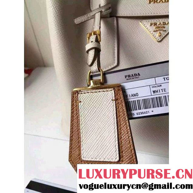 Prada Saffiano Leather Double Bag with Two-tone Handle Milky White/Caramel 2016 (2A016-6051901 )