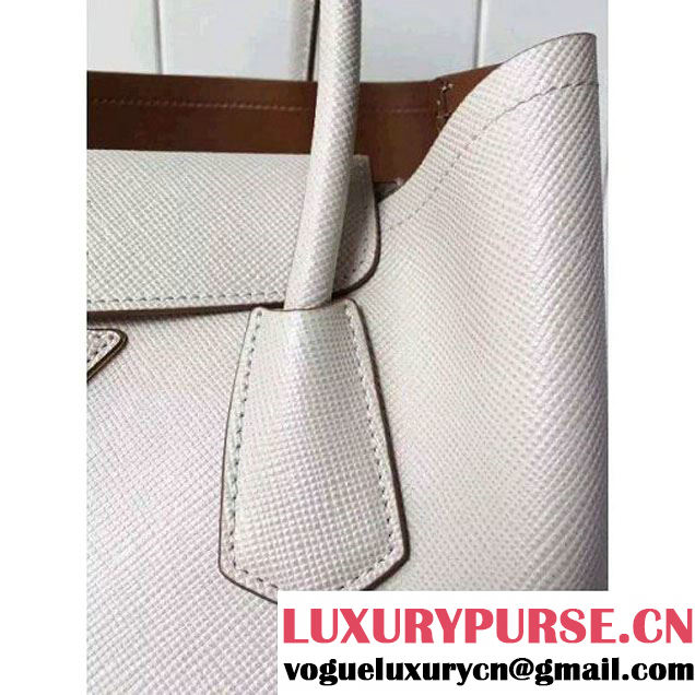 Prada Saffiano Leather Double Bag with Two-tone Handle Milky White/Caramel 2016 (2A016-6051901 )