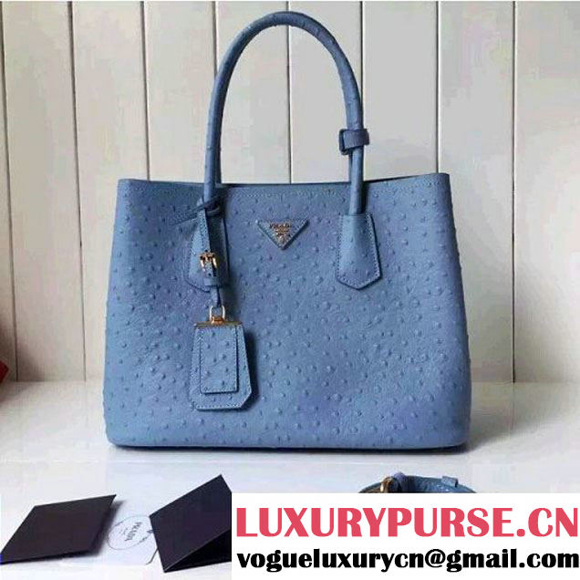 Prada Calfskin Ostrich Pattern Double Bag Sky Blue 2016 (2A016-6060301 )