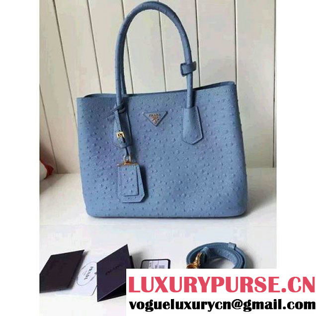 Prada Calfskin Ostrich Pattern Double Bag Sky Blue 2016 (2A016-6060301 )