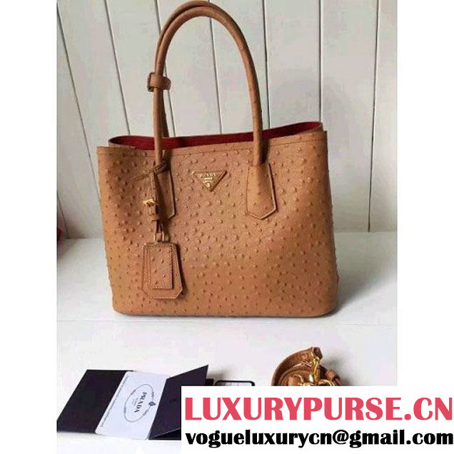 Prada Calfskin Ostrich Pattern Double Bag Camel 2016 (2A016-6060302 )