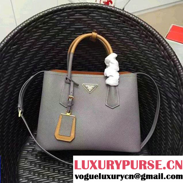 Prada 1BG775 Two-Tone Saffiano Cuir Leather Tote Double Bag Gray 2017 (GYF-7030851 )