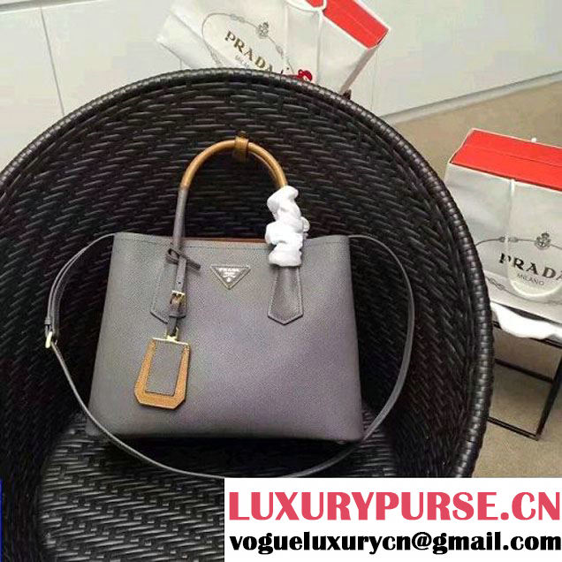 Prada 1BG775 Two-Tone Saffiano Cuir Leather Tote Double Bag Gray 2017 (GYF-7030851 )
