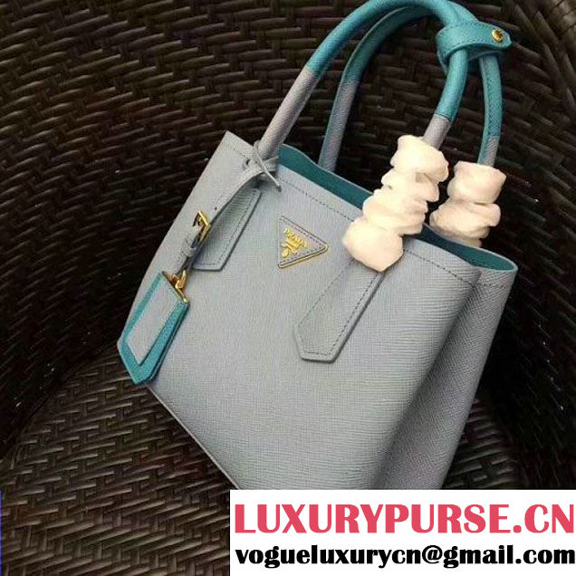 Prada 1BG886 Mini Two-Tone Saffiano Leather Double Bag Astral Blue/Jade Green 2017 (GYF-7060143 )