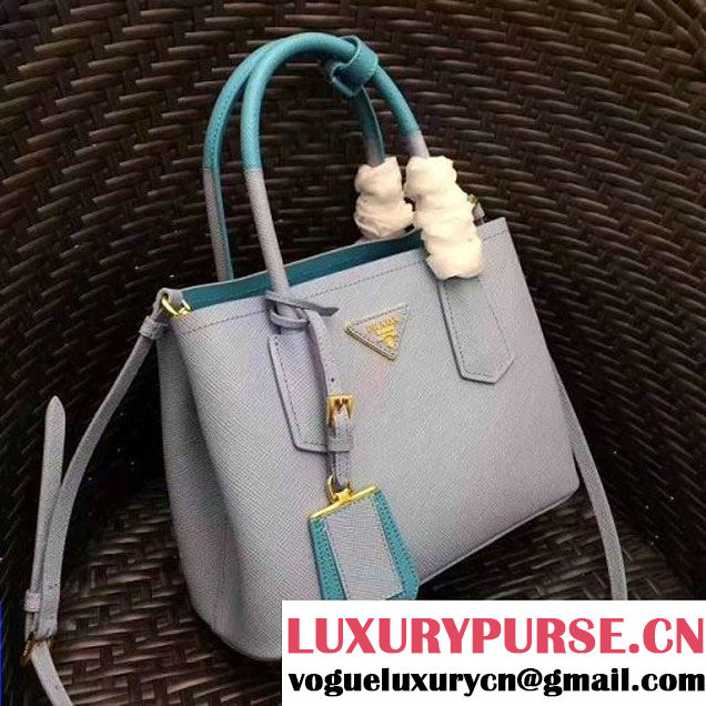 Prada 1BG886 Mini Two-Tone Saffiano Leather Double Bag Astral Blue/Jade Green 2017 (GYF-7060143 )