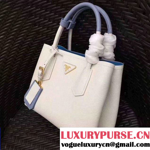 Prada 1BG886 Mini Two-Tone Saffiano Leather Double Bag White/Astral Blue 2017 (GYF-7060144 )