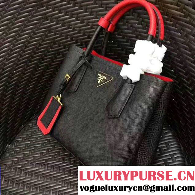 Prada 1BG886 Mini Two-Tone Saffiano Leather Double Bag Black/Red 2017 (GYF-7060145 )