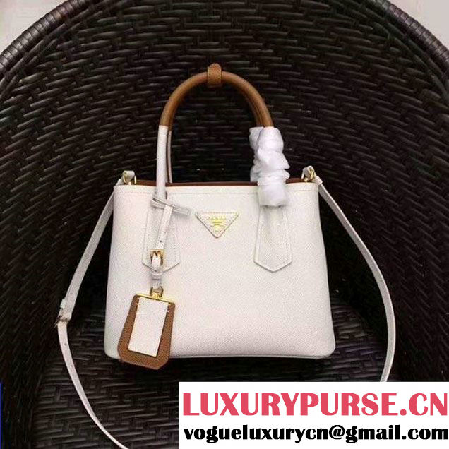 Prada 1BG886 Mini Two-Tone Saffiano Leather Double Bag White/Caramel 2017 (GYF-7060146 )