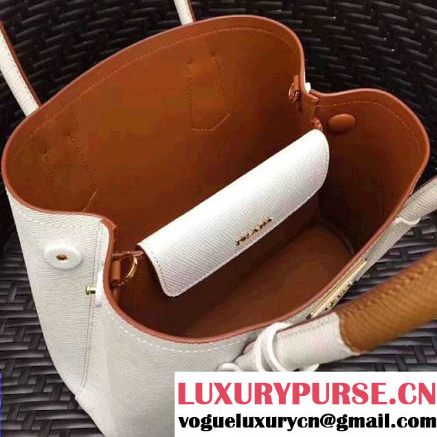 Prada 1BG886 Mini Two-Tone Saffiano Leather Double Bag White/Caramel 2017 (GYF-7060146 )