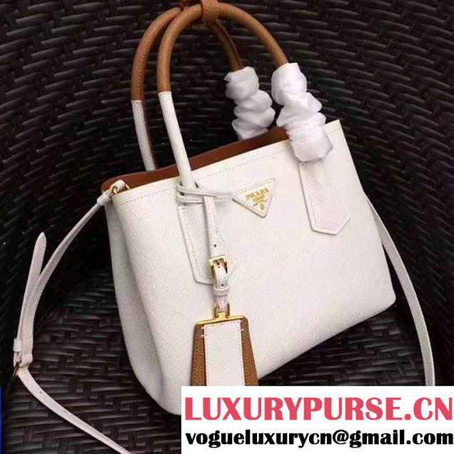 Prada 1BG886 Mini Two-Tone Saffiano Leather Double Bag White/Caramel 2017 (GYF-7060146 )