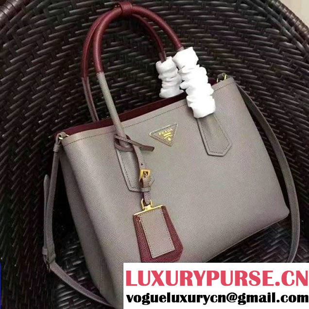 Prada 1BG775 Two-Tone Saffiano Leather Double Bag Grey/Burgundy 2017 (GYF-7060147 )