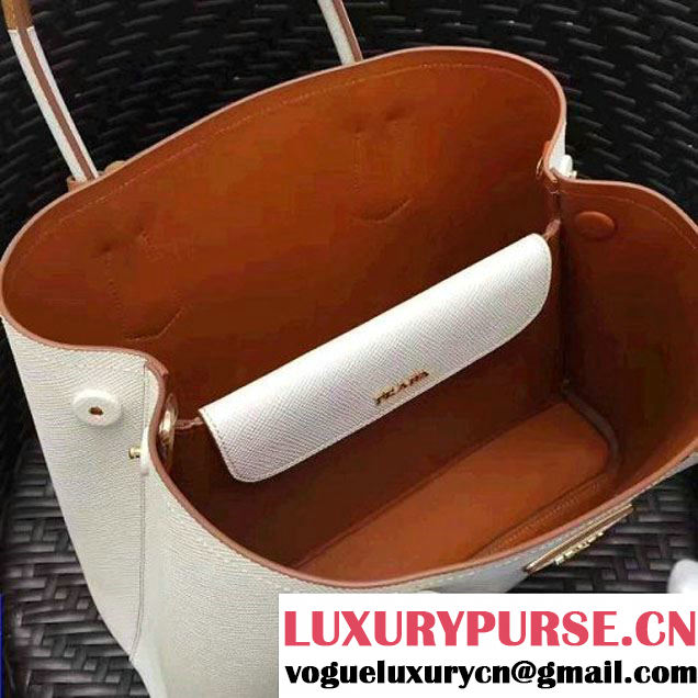 Prada 1BG775 Two-Tone Saffiano Leather Double Bag White/Caramel 2017 (GYF-7060150 )