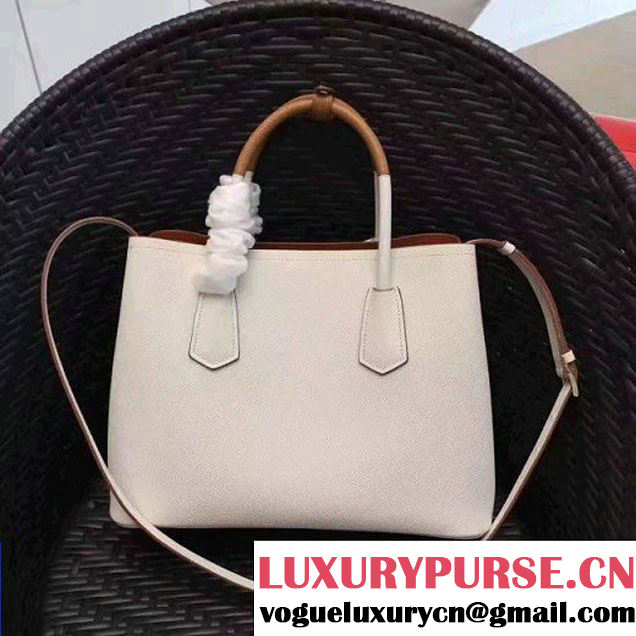 Prada 1BG775 Two-Tone Saffiano Leather Double Bag White/Caramel 2017 (GYF-7060150 )