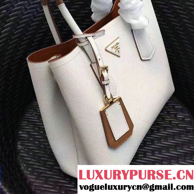Prada 1BG775 Two-Tone Saffiano Leather Double Bag White/Caramel 2017 (GYF-7060150 )