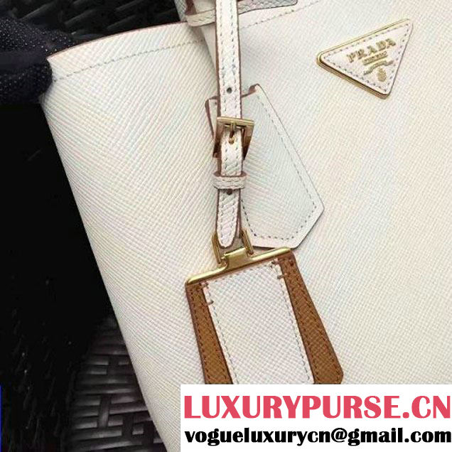 Prada 1BG775 Two-Tone Saffiano Leather Double Bag White/Caramel 2017 (GYF-7060150 )