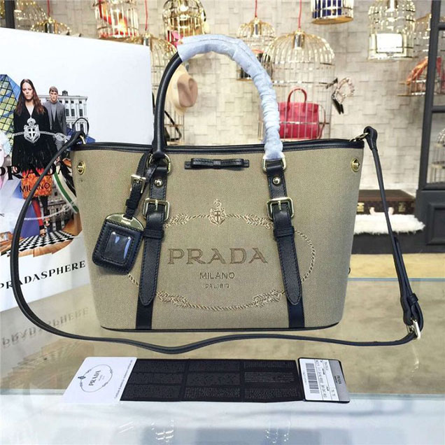 Prada Canvas Tote 30cm Bag Calfskin Leather Fall WInter 2016 Collection Black