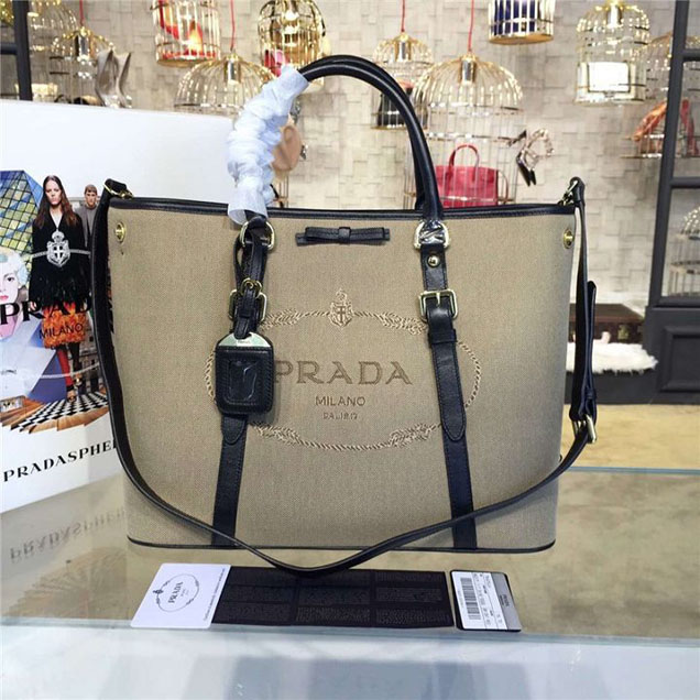 Prada Canvas Tote 36cm Bag Calfskin Leather Fall WInter 2016 Collection Black