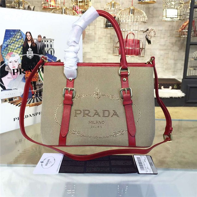 Prada Canvas Tote 30cm Bag Calfskin Leather Fall WInter 2016 Collection Burgundy