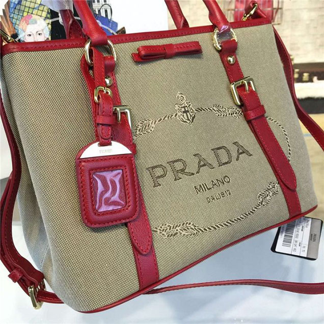 Prada Canvas Tote 30cm Bag Calfskin Leather Fall WInter 2016 Collection Burgundy