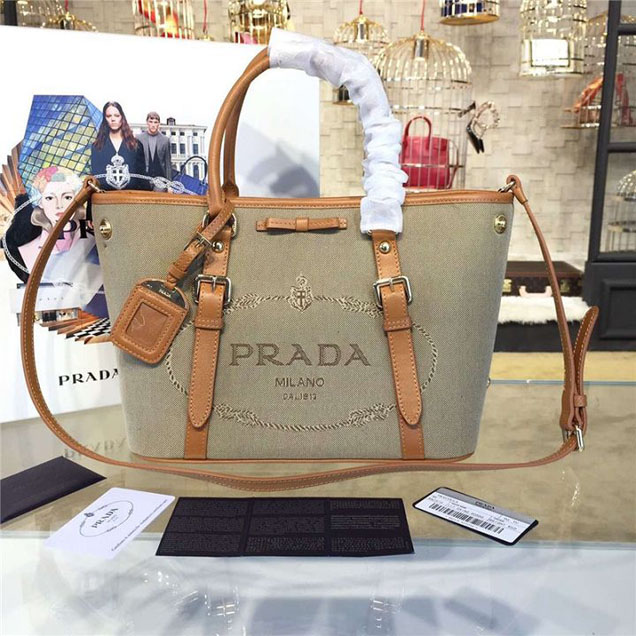 Prada Canvas Tote 30cm Bag Calfskin Leather Fall WInter 2016 Collection Tan