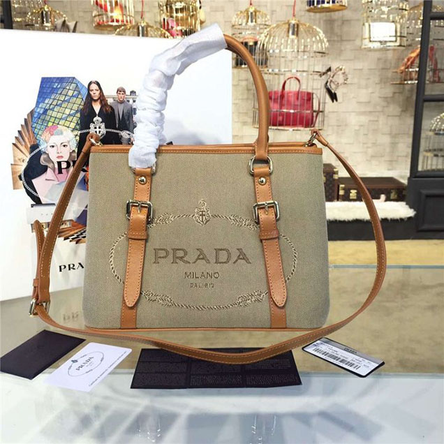 Prada Canvas Tote 30cm Bag Calfskin Leather Fall WInter 2016 Collection Tan