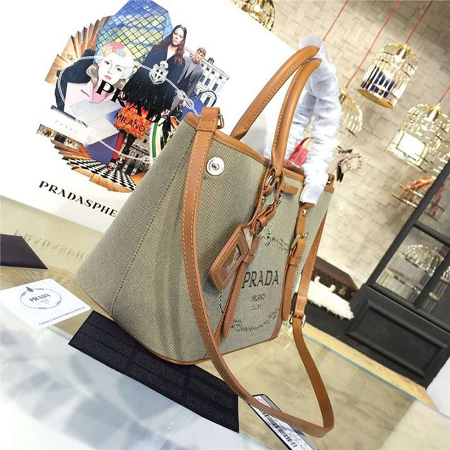 Prada Canvas Tote 30cm Bag Calfskin Leather Fall WInter 2016 Collection Tan