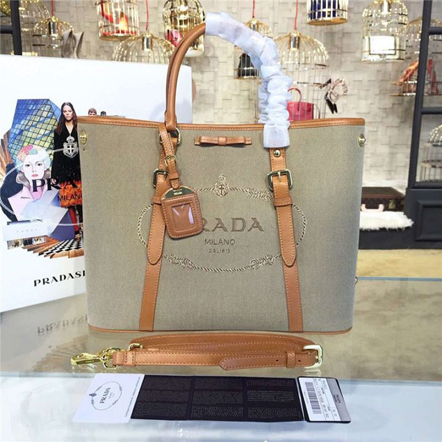 Prada Canvas Tote 36cm Bag Calfskin Leather Fall WInter 2016 Collection Tan