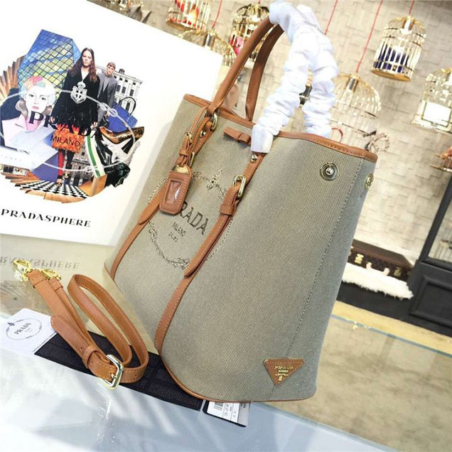 Prada Canvas Tote 36cm Bag Calfskin Leather Fall WInter 2016 Collection Tan