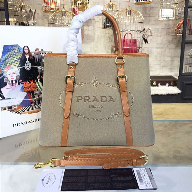 Prada Canvas Tote 36cm Bag Calfskin Leather Fall WInter 2016 Collection Tan