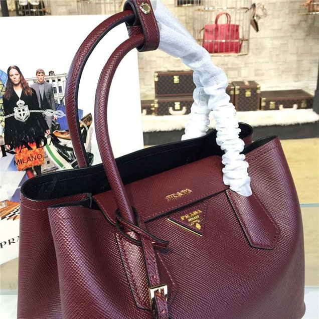 Prada Saffiano Double Handle Tote Bag 30cm Fall Winter 2016 Bag Collection Burgundy