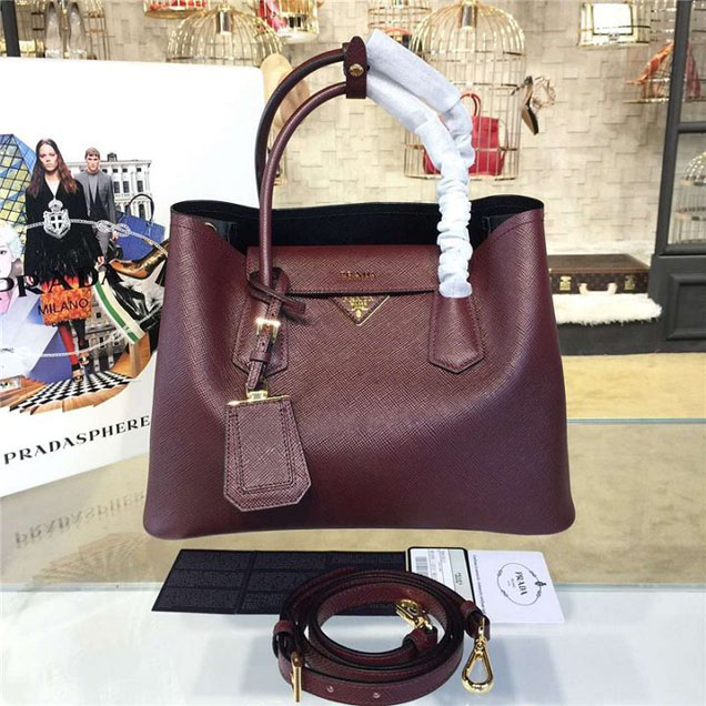 Prada Saffiano Double Handle Tote Bag 33cm Fall Winter 2016 Bag Collection Burgundy