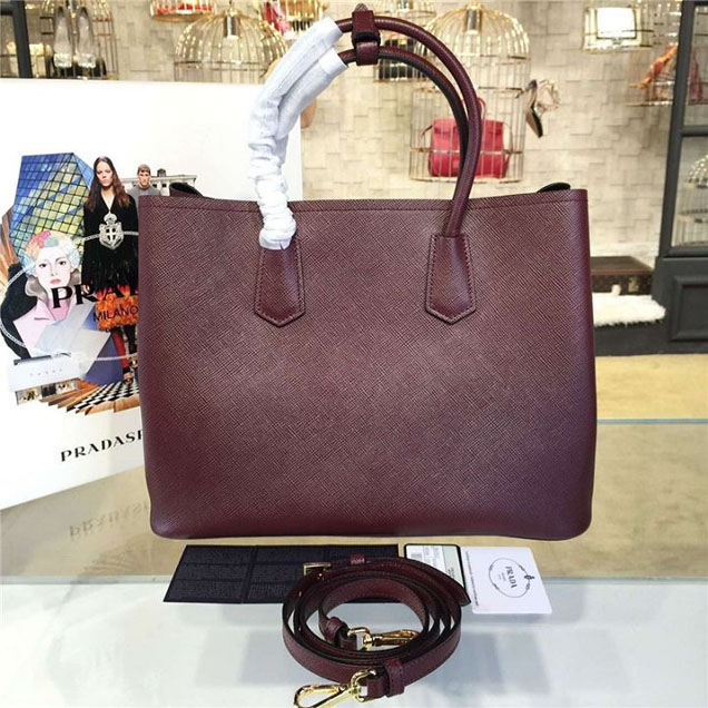 Prada Saffiano Double Handle Tote Bag 35cm Fall Winter 2016 Bag Collection Burgundy