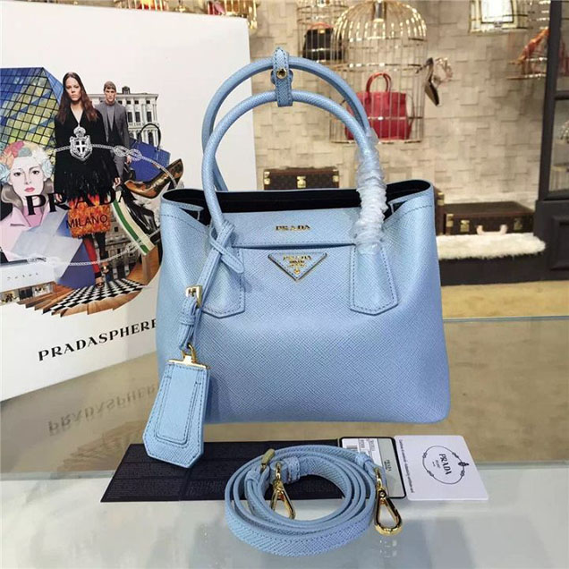 Prada Saffiano Double Handle Tote Bag 26cm Fall Winter 2016 Bag Collection Light Blue