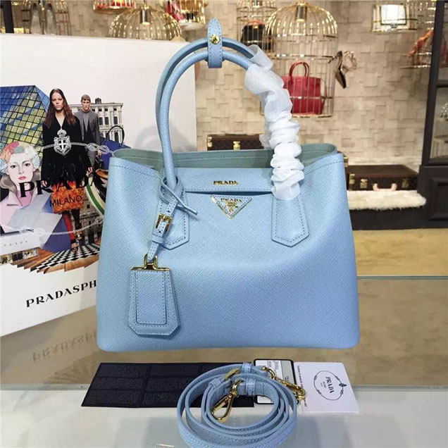 Prada Saffiano Double Handle Tote Bag 30cm Fall Winter 2016 Bag Collection Light Blue