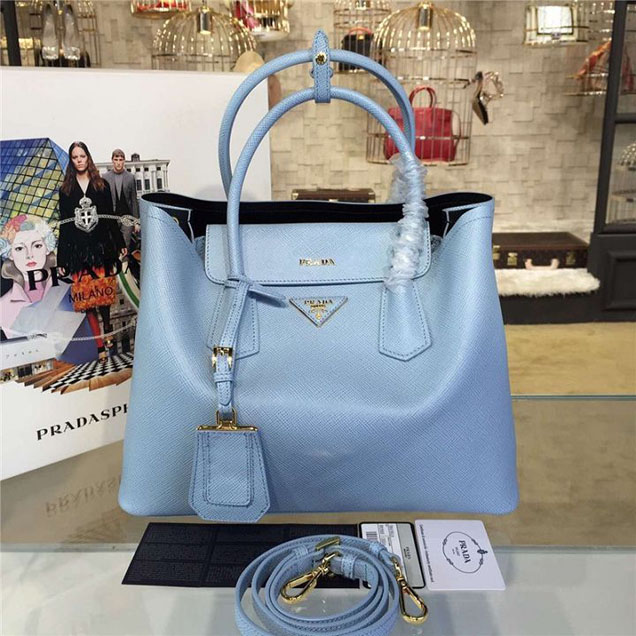 Prada Saffiano Double Handle Tote Bag 33cm Fall Winter 2016 Bag Collection Light Blue