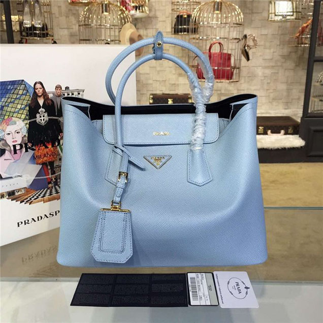 Prada Saffiano Double Handle Tote Bag 35cm Fall Winter 2016 Bag Collection Light Blue