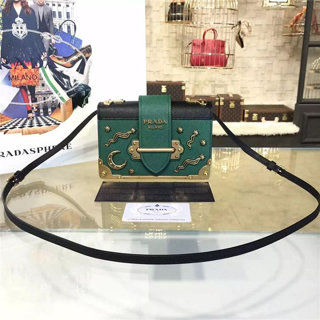 Prada Cahier Astrology Shoulder Bag Calfskin Leather 18cm Fall Winter 2016 Bag Collection Green Black