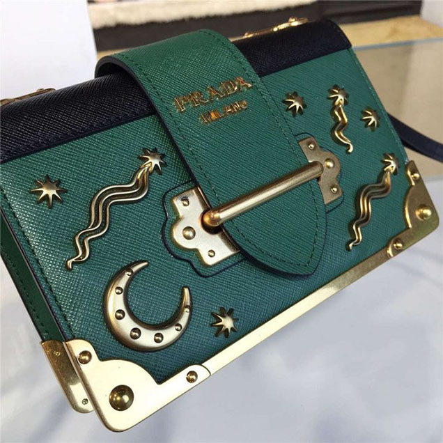 Prada Cahier Astrology Shoulder Bag Calfskin Leather 18cm Fall Winter 2016 Bag Collection Green Black
