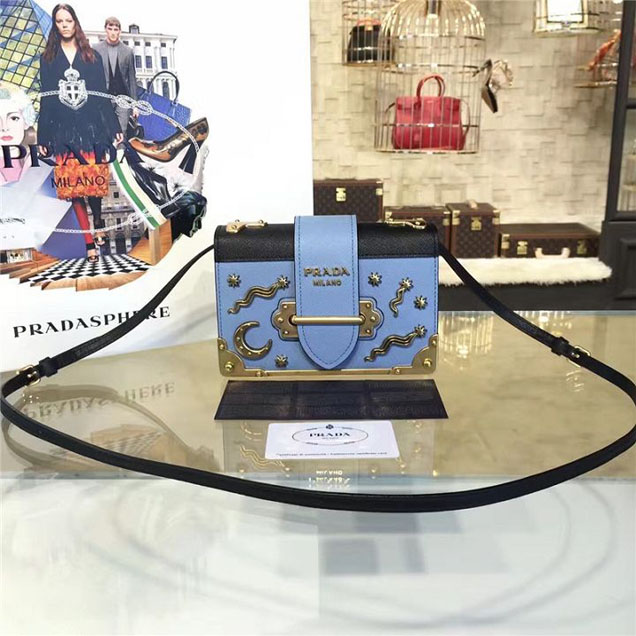 Prada Cahier Astrology Shoulder Bag Calfskin Leather 18cm Fall Winter 2016 Bag Collection Light Blue Black