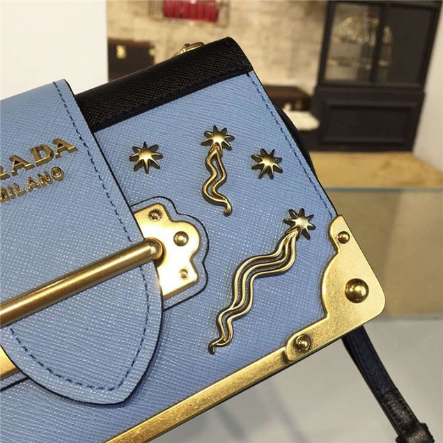 Prada Cahier Astrology Shoulder Bag Calfskin Leather 18cm Fall Winter 2016 Bag Collection Light Blue Black