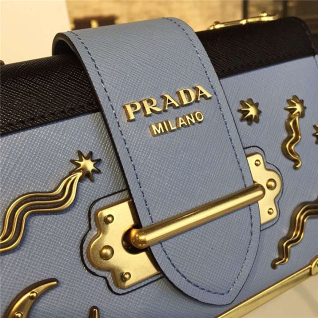 Prada Cahier Astrology Shoulder Bag Calfskin Leather 18cm Fall Winter 2016 Bag Collection Light Blue Black