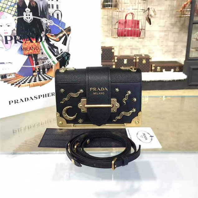 Prada Cahier Astrology Shoulder Bag Calfskin Leather 18cm Fall Winter 2016 Bag Collection Black