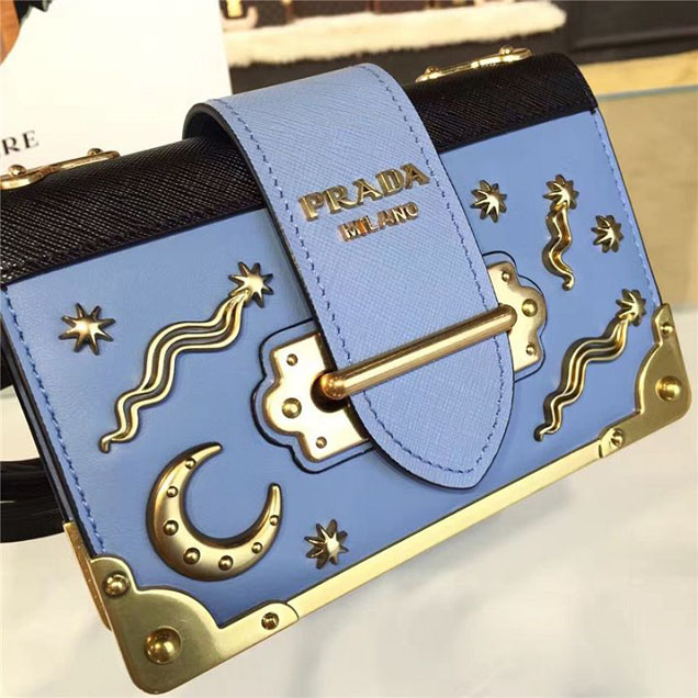 Prada Cahier Astrology Shoulder Bag Calfskin Leather 18cm Fall Winter 2016 Bag Collection Light Blue