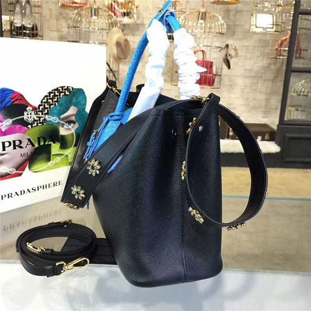 Prada Saffiano Double Handle Tote Bag with Croc Stamp 33cm Fall Winter 2016 Bag Collection Black Blue