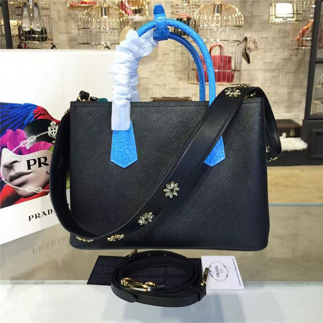 Prada Saffiano Double Handle Tote Bag with Croc Stamp 33cm Fall Winter 2016 Bag Collection Black Blue
