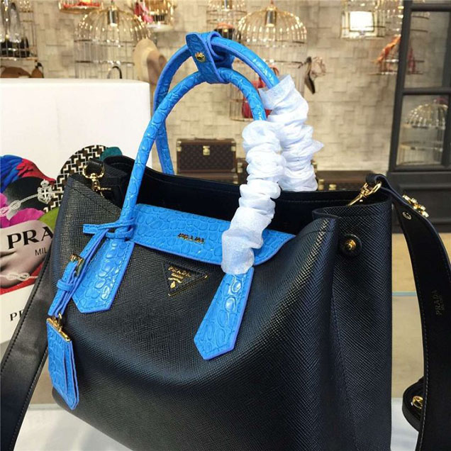 Prada Saffiano Double Handle Tote Bag with Croc Stamp 33cm Fall Winter 2016 Bag Collection Black Blue