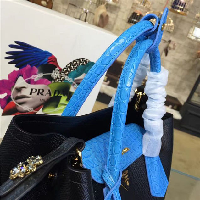 Prada Saffiano Double Handle Tote Bag with Croc Stamp 33cm Fall Winter 2016 Bag Collection Black Blue