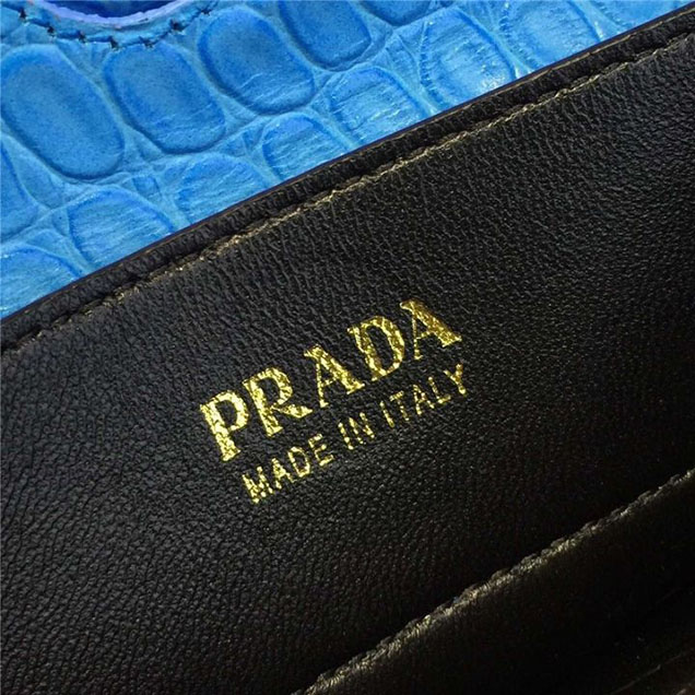 Prada Saffiano Double Handle Tote Bag with Croc Stamp 33cm Fall Winter 2016 Bag Collection Black Blue